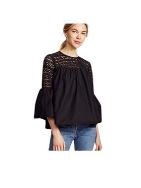 Endless Rose Black Crochet Bell Sleeve Blouse Womens Contrast Keyhole Back